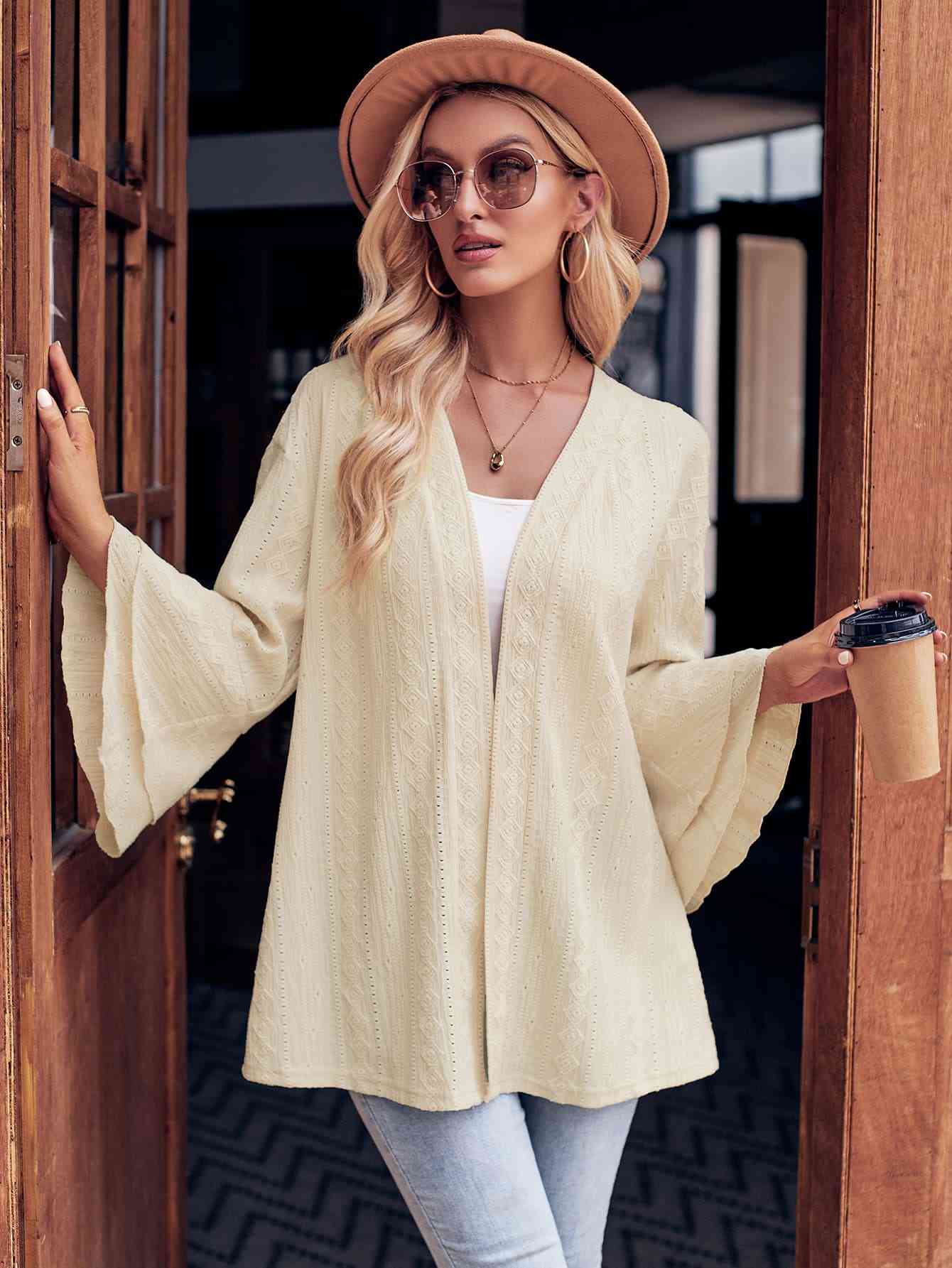 Eyelet Bell Sleeve Cardigan Trendsi