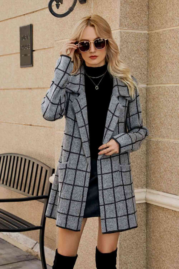 BazaarBey  Printed Open Front Lapel Collar Cardigan with Pockets Bazaarbey