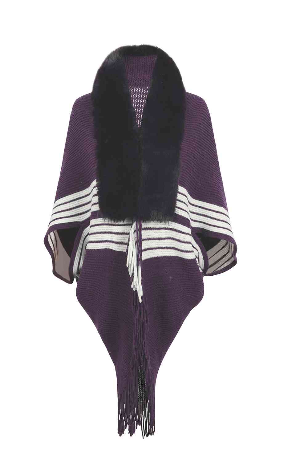 Striped Fringe Detail Long Sleeve Poncho Bazaarbey