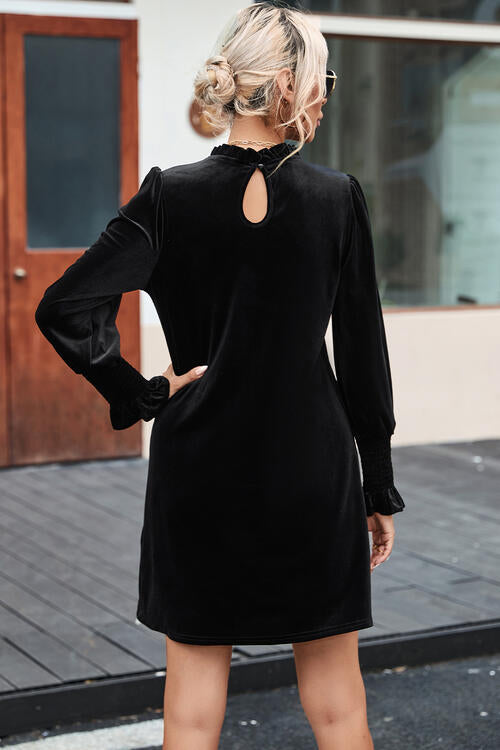 Round Neck Smocked Long Sleeve Mini Dress -BazaarBey - www.shopbazaarbey.com