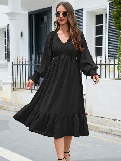  V-Neck Smocked Lantern Sleeve Ruffle Hem Dress -BazaarBey - www.shopbazaarbey.com