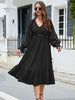  V-Neck Smocked Lantern Sleeve Ruffle Hem Dress -BazaarBey - www.shopbazaarbey.com