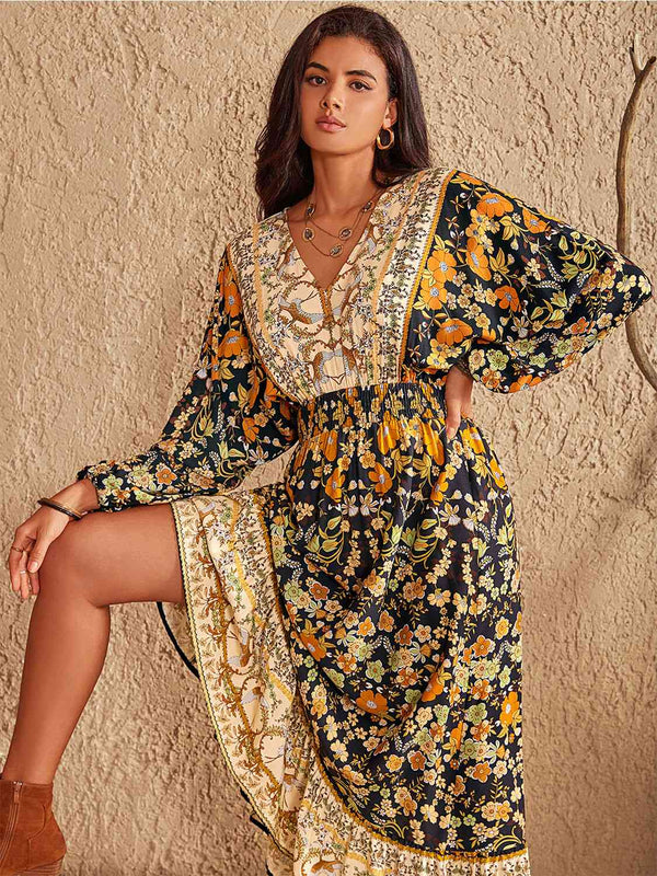 V-Neck Smocked Balloon Sleeve Dress -BazaarBey - www.shopbazaarbey.com