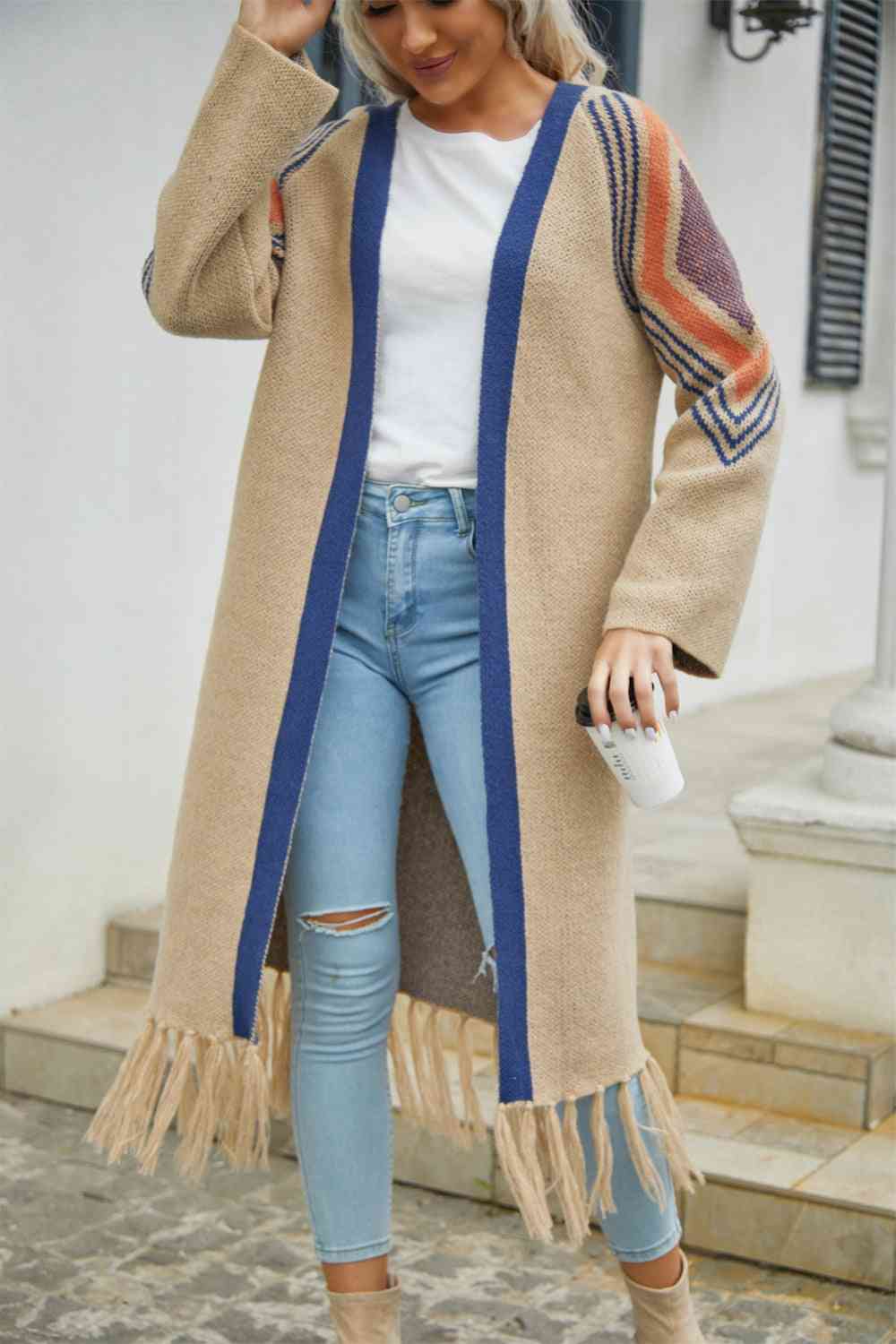  Geometric  Hem Open Front Duster Cardigan Bazaarbey