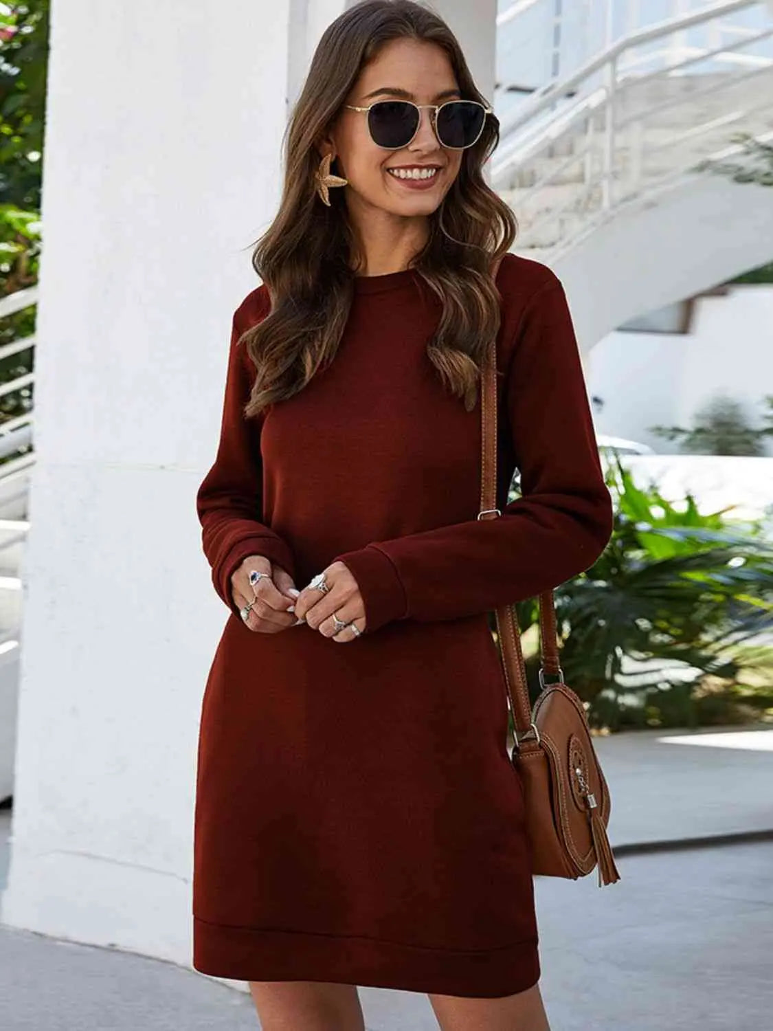 Round Neck Long Sleeve Mini Dress with Pockets -BazaarBey - www.shopbazaarbey.com