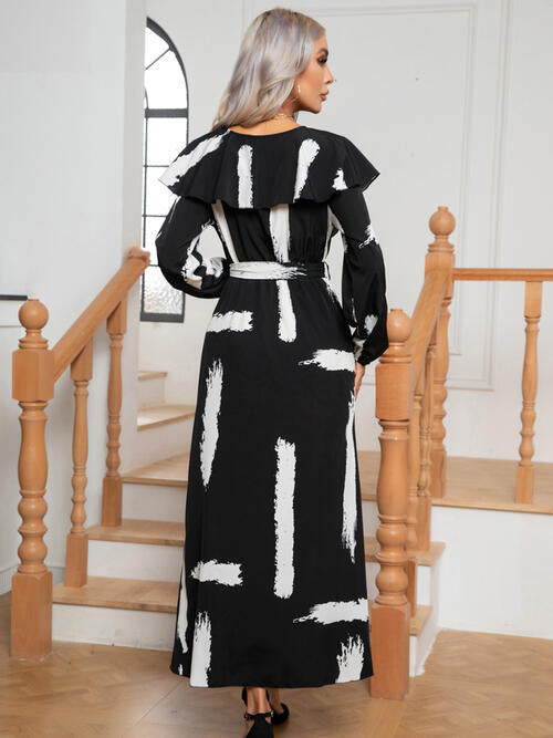 Printed Tie Front Ruffle Trim Long Sleeve Dress -BazaarBey - www.shopbazaarbey.com