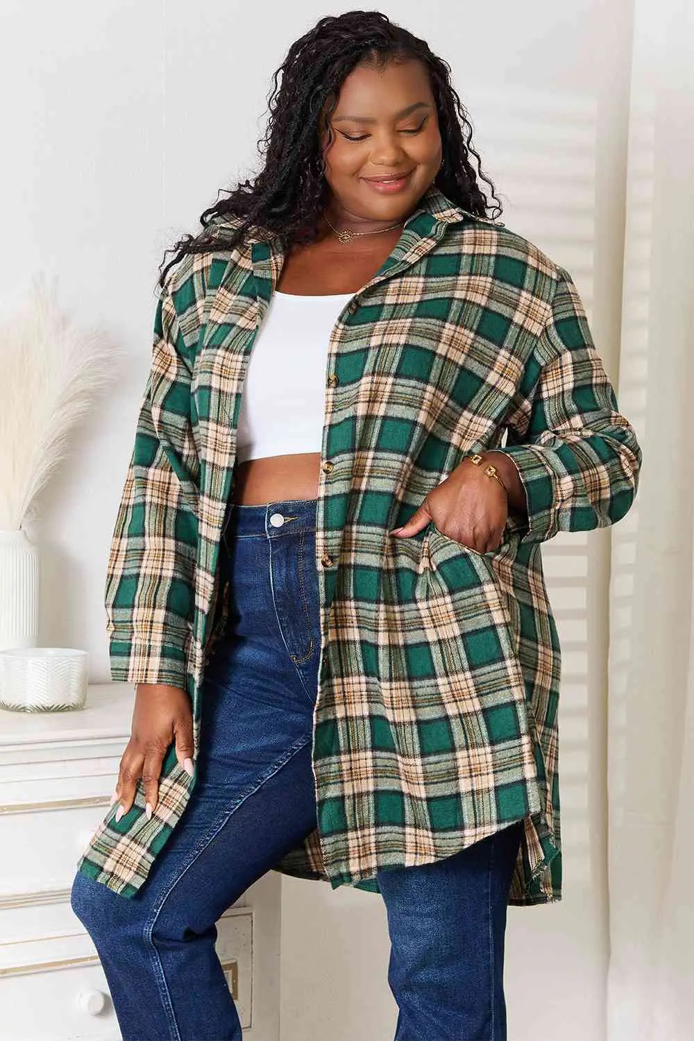  Plaid Collared Neck Long Sleeve Shirt Trendsi