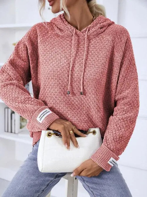 Texture Drawstring Long Sleeve Hooded Sweater Bazaarbey
