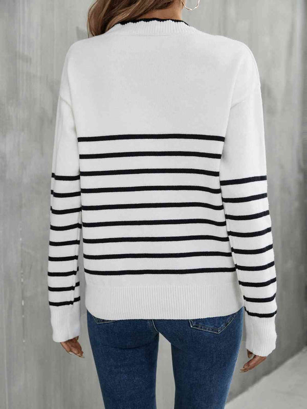 Striped V-Neck Drop Shoulder Sweater Bazaarbey