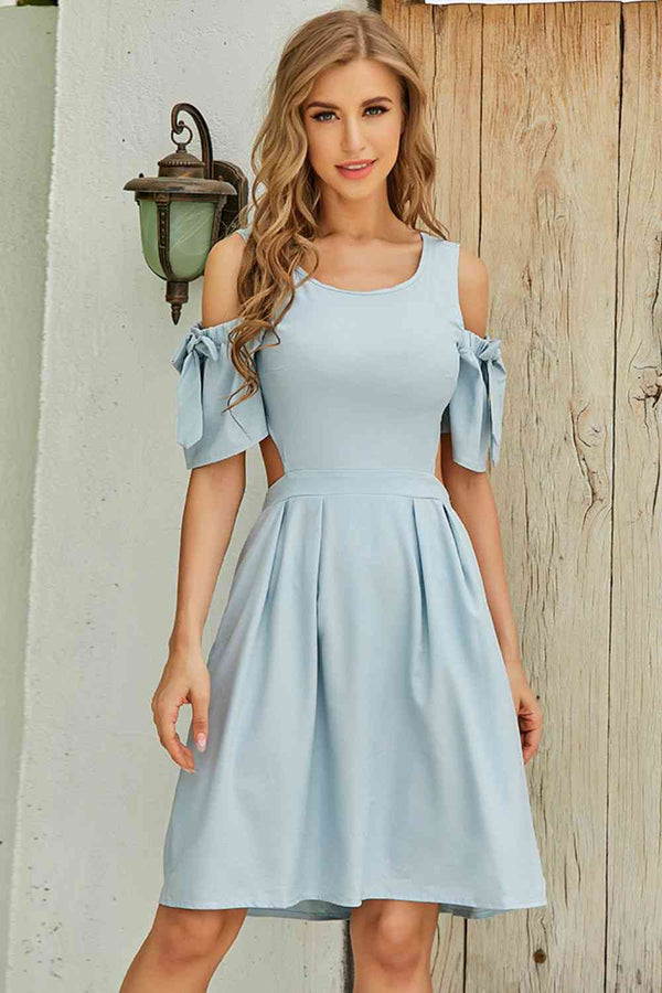 Cutout Tied Cold-Shoulder Dress -BazaarBey - www.shopbazaarbey.com