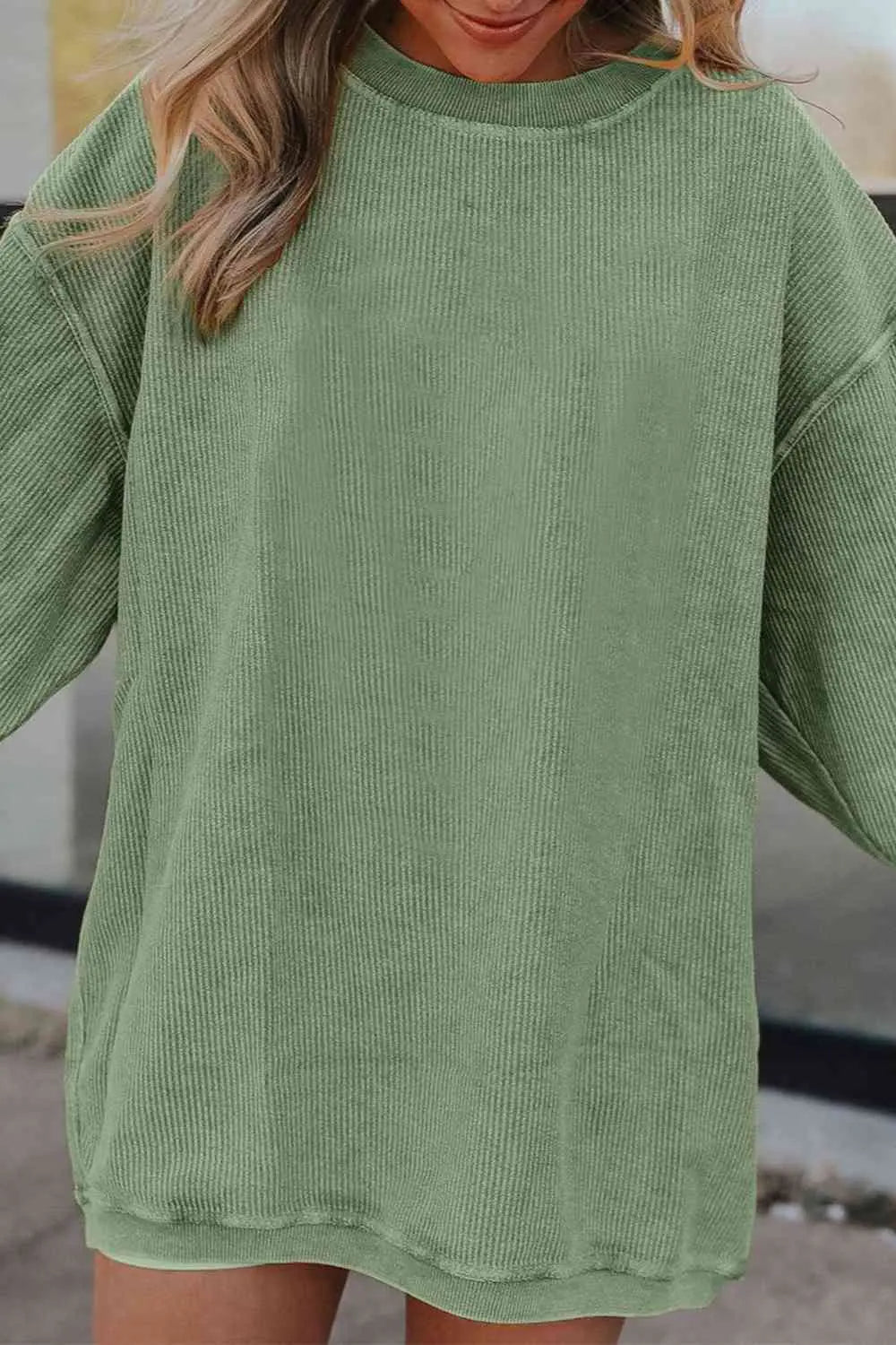 Ribbed Round Neck Drop Shoulder Sweatshirt Bazaarbey