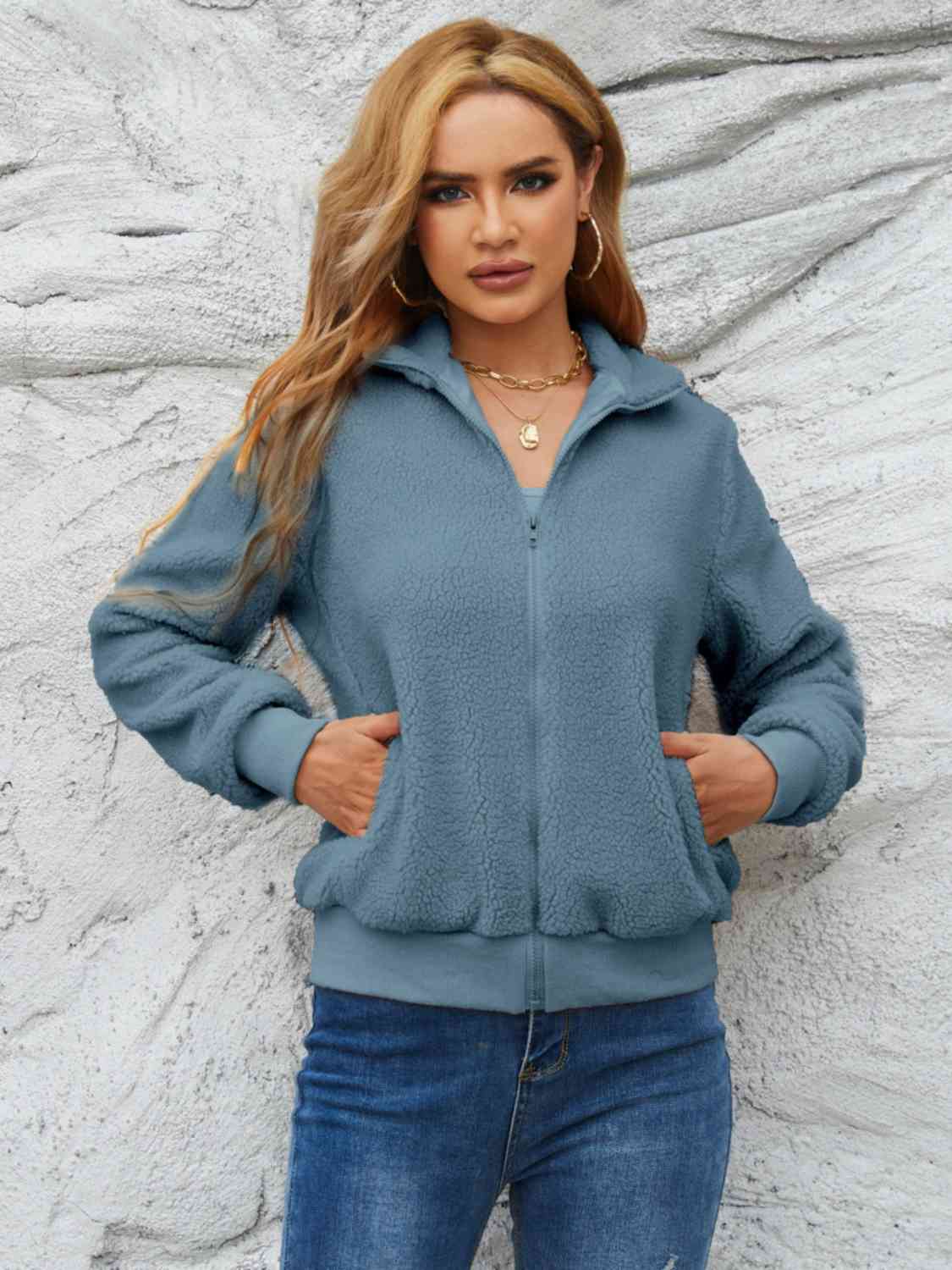 Zip Up Collared Neck Long Sleeve Jacket Trendsi