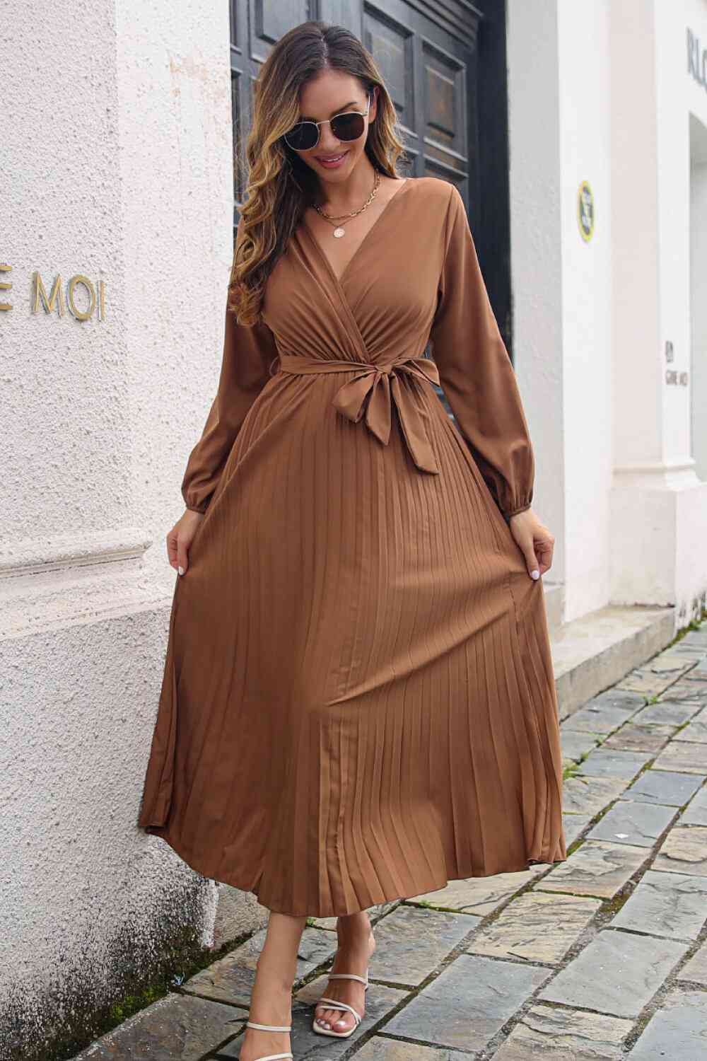 Pleated Long Sleeve  Maxi Dress -BazaarBey - www.shopbazaarbey.com