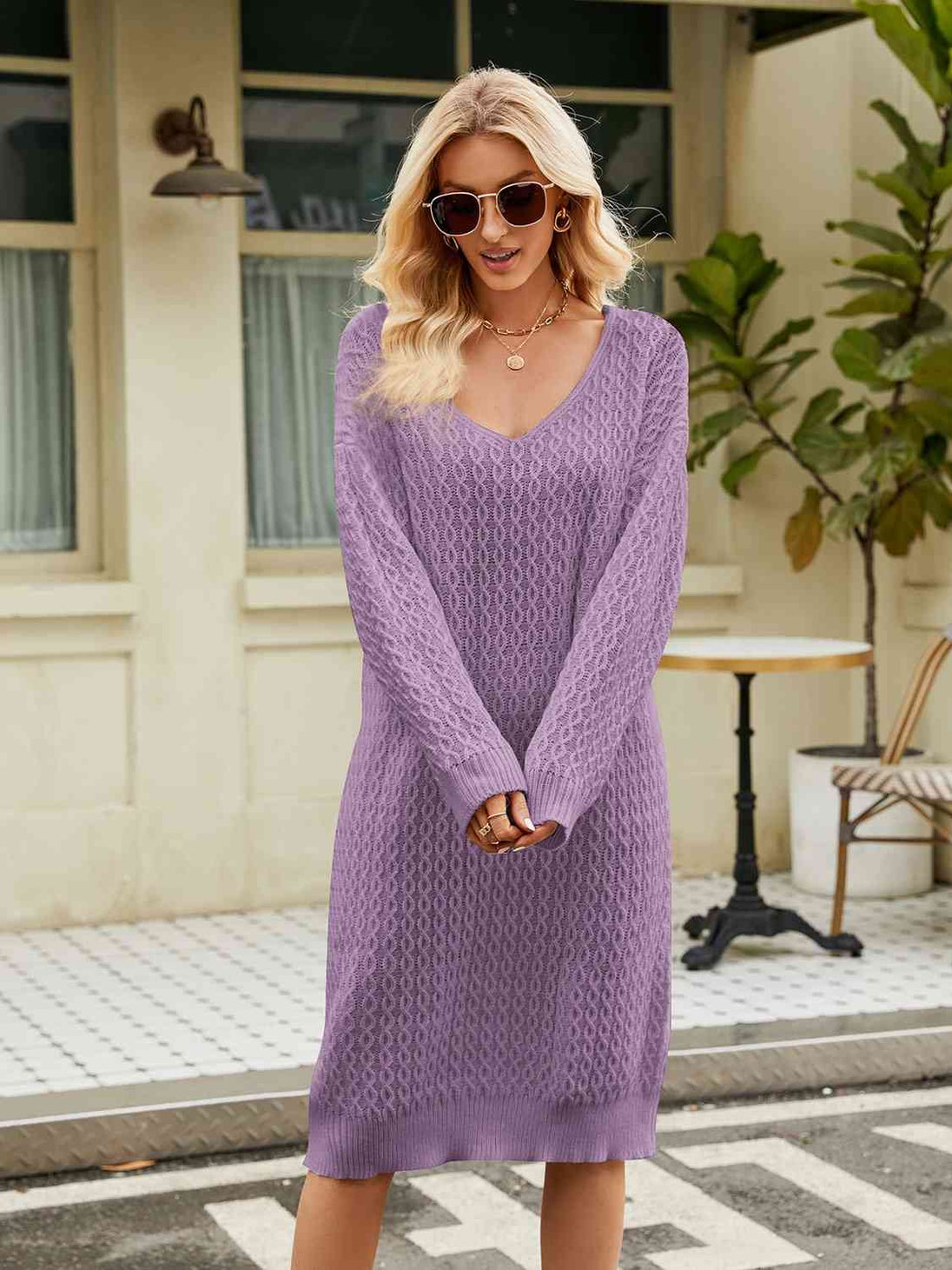 V-Neck Long Sleeve Sweater Dress Bazaarbey