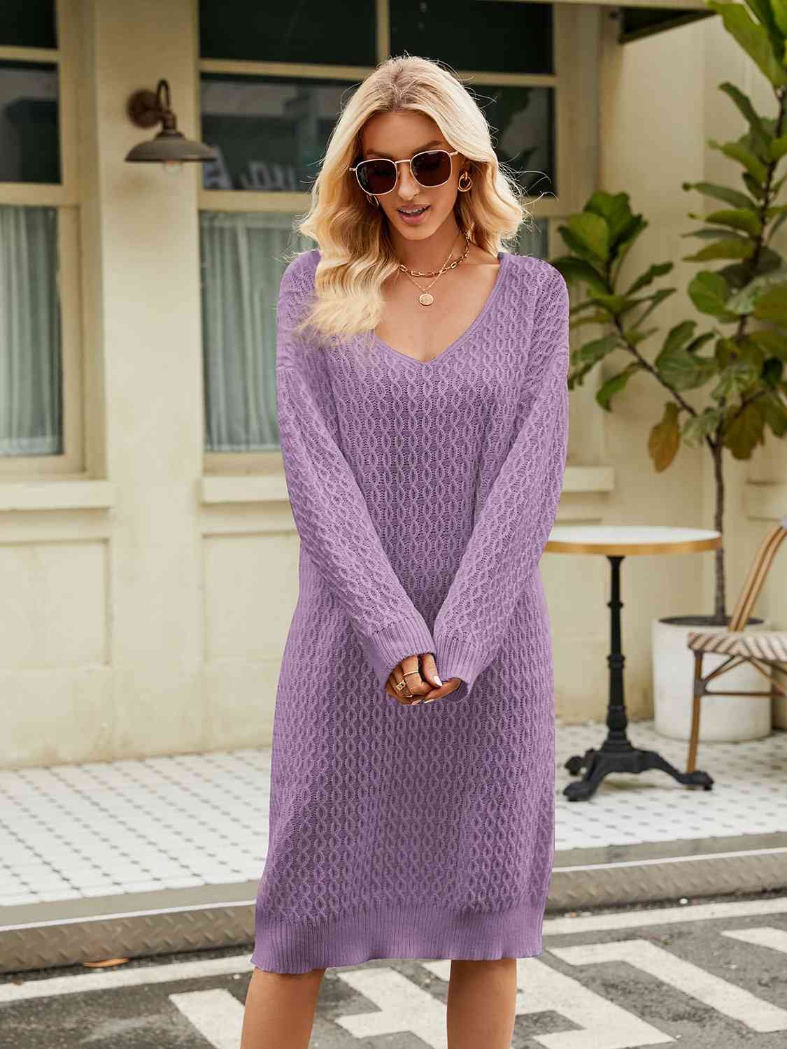 V-Neck Long Sleeve Sweater Dress Bazaarbey