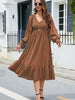  V-Neck Smocked Lantern Sleeve Ruffle Hem Dress -BazaarBey - www.shopbazaarbey.com