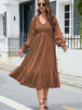  V-Neck Smocked Lantern Sleeve Ruffle Hem Dress -BazaarBey - www.shopbazaarbey.com