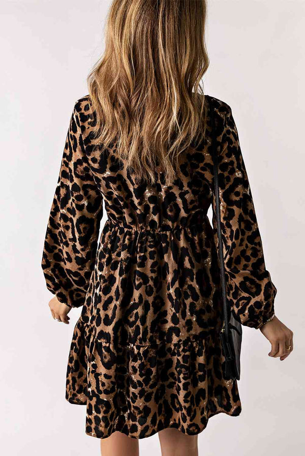 Leopard V-Neck Balloon Sleeve Tiered Dress -BazaarBey - www.shopbazaarbey.com