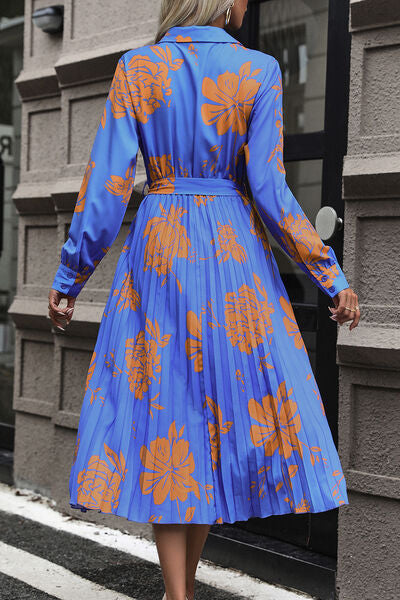Floral Pleated  Long Sleeve Midi Dress -BazaarBey - www.shopbazaarbey.com