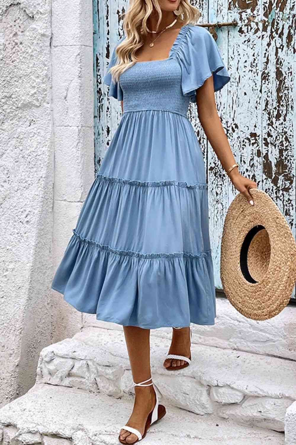 Smocked Square Neck Frill Trim Dress -BazaarBey - www.shopbazaarbey.com