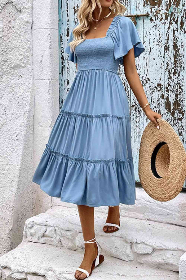 Smocked Square Neck Frill Trim Dress -BazaarBey - www.shopbazaarbey.com