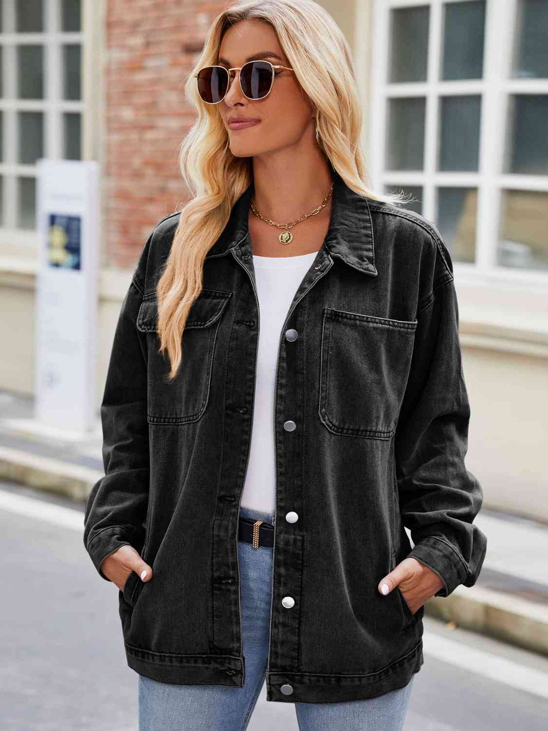 Button Up Denim Jacket with Pockets Bazaarbey