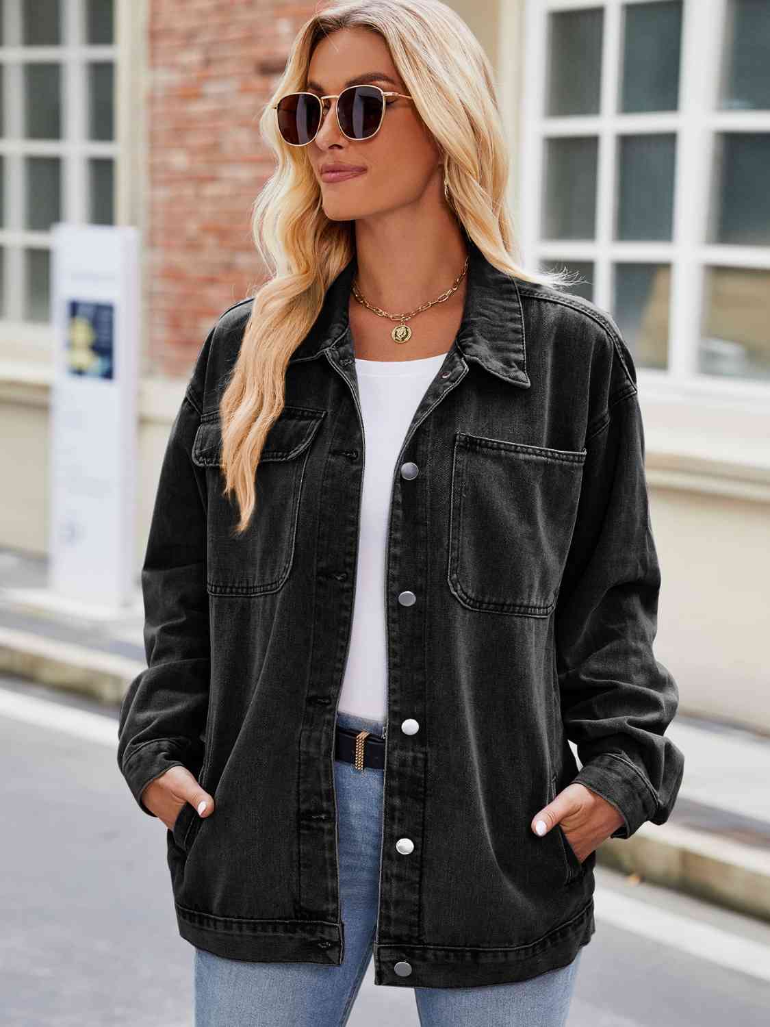 Button Up Denim Jacket with Pockets Bazaarbey