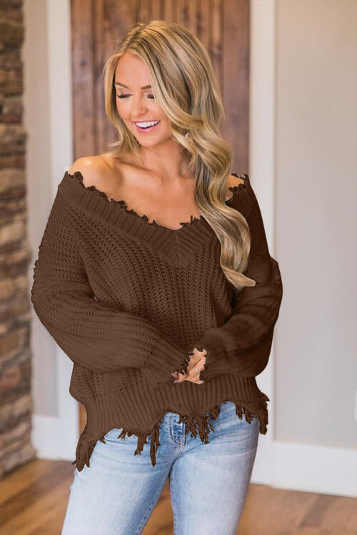 Frayed Hem Dropped Shoulder Sweater Bazaarbey
