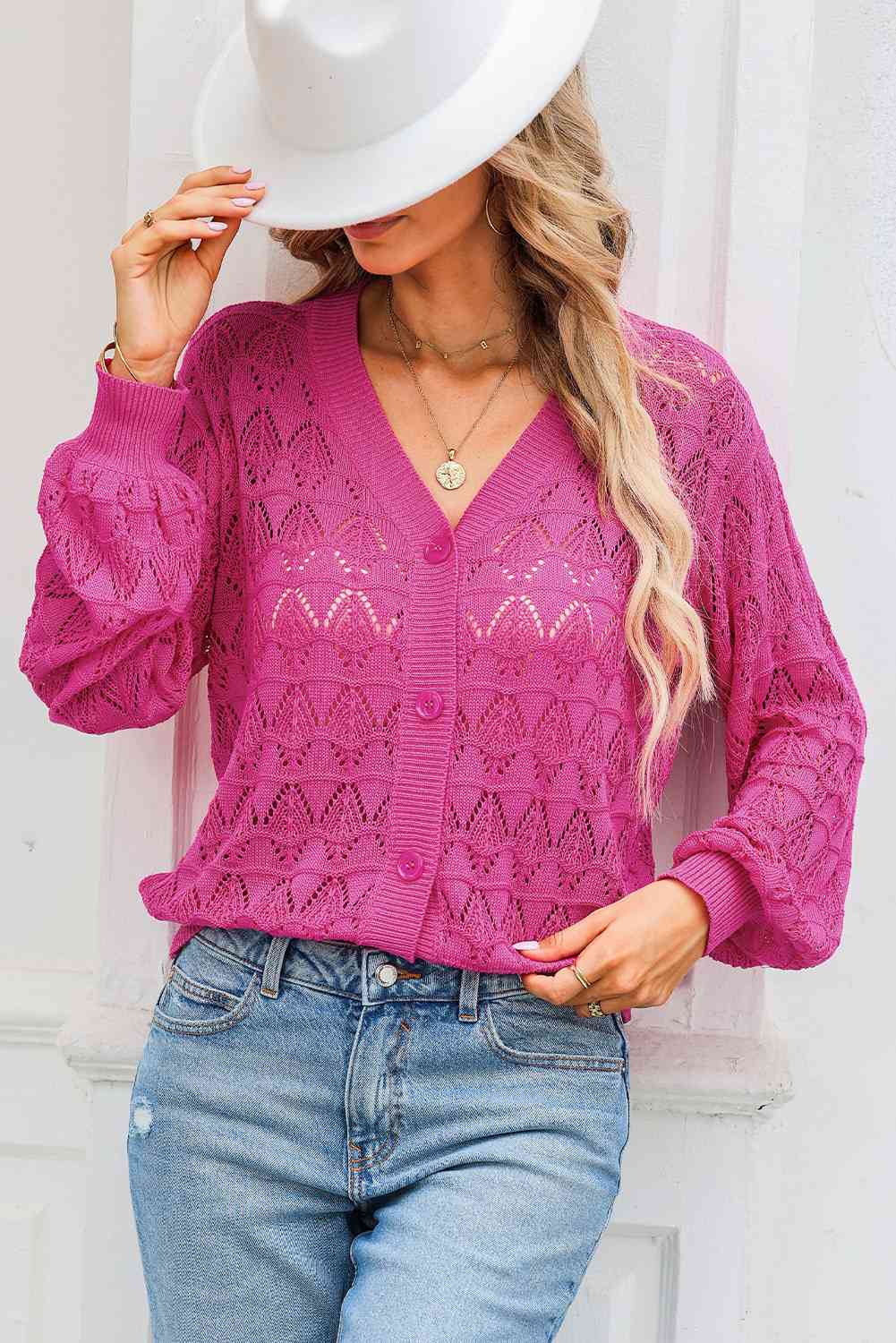 Openwork V-Neck Cardigan Bazaarbey
