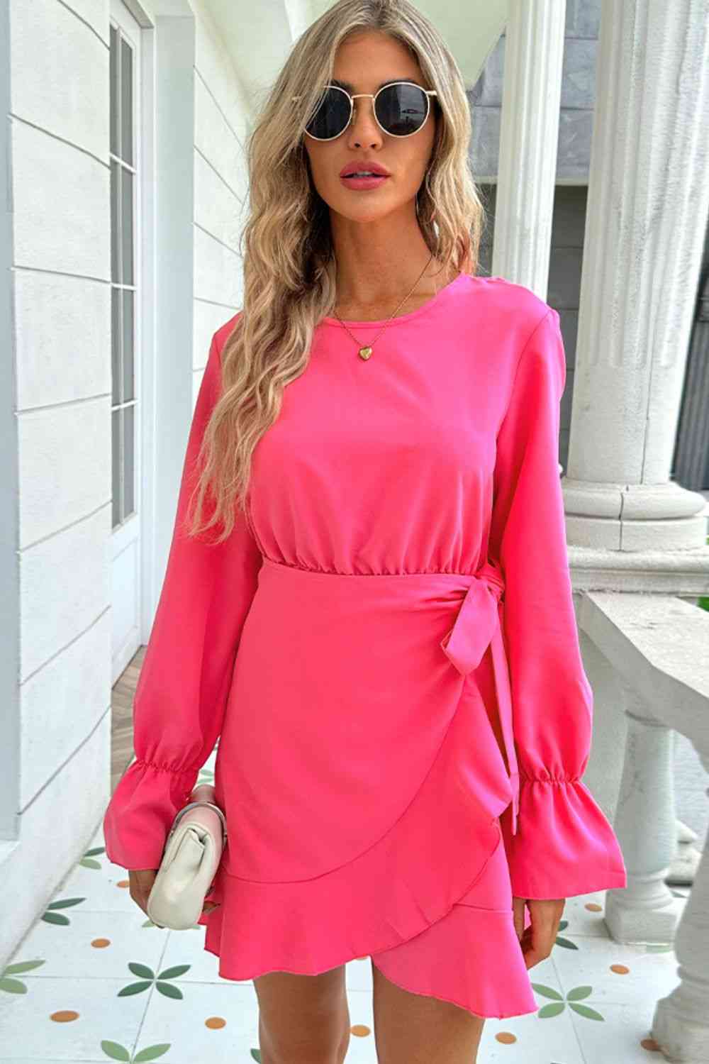 Round Neck Flounce Sleeve Ruffle Hem Mini Dress -BazaarBey - www.shopbazaarbey.com