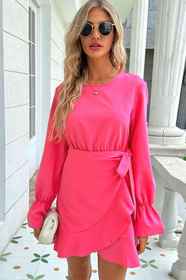 Round Neck Flounce Sleeve Ruffle Hem Mini Dress -BazaarBey - www.shopbazaarbey.com