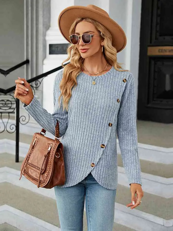 BazaarBey Round Neck Ribbed Button Detail Blouse Bazaarbey