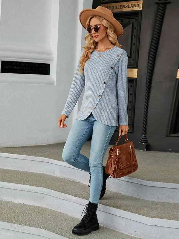 Round Neck Ribbed Button Detail Blouse Bazaarbey
