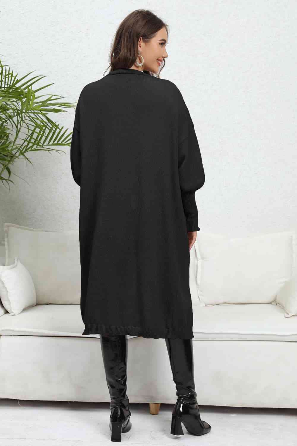 Lantern Sleeve Open Front Pocketed Cardigan Trendsi