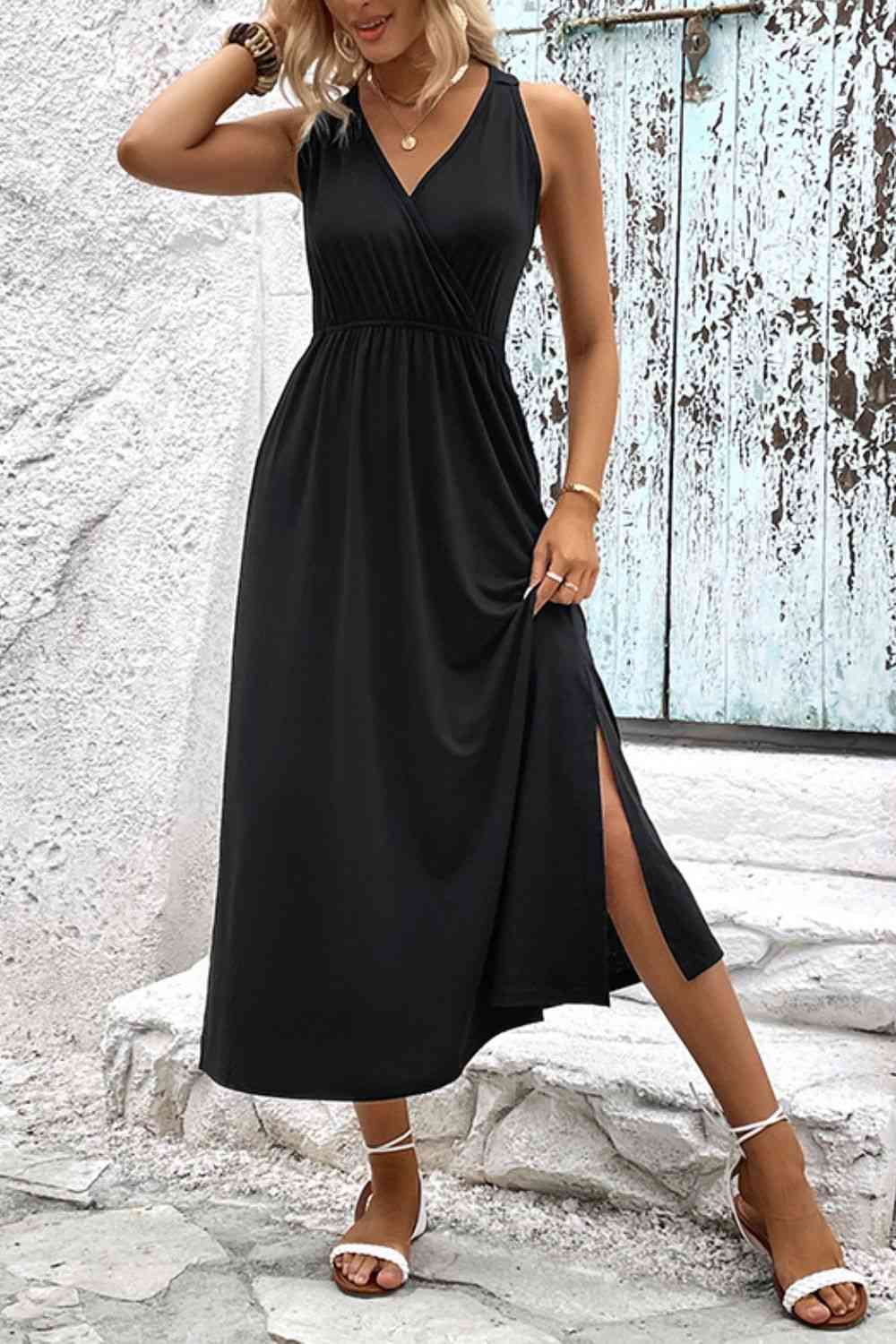  Neck Slit Sleeveless Dress -BazaarBey - www.shopbazaarbey.com