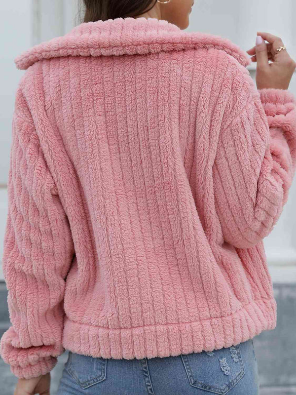 Collared Neck Button Up Jacket Trendsi