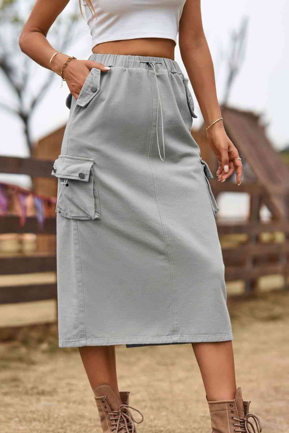 Drawstring Waist Slit Denim Skirt Bazaarbey