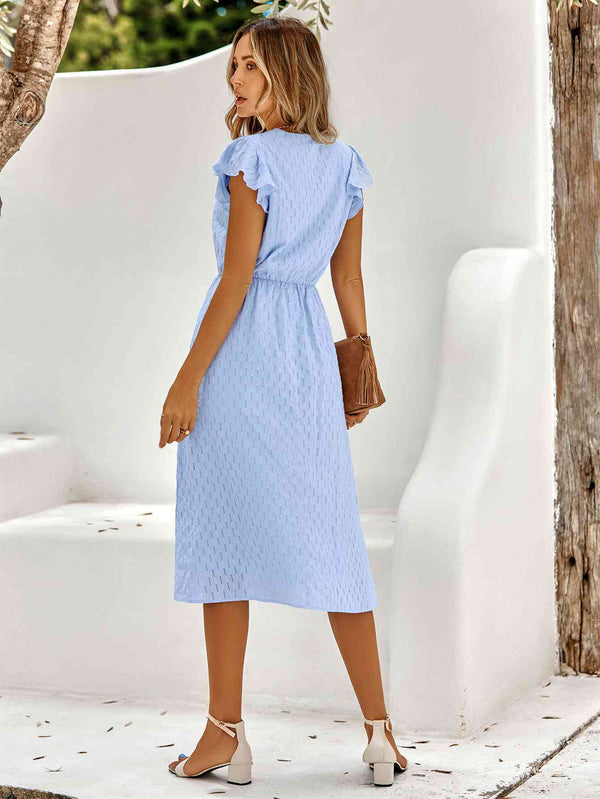 V-Neck Flutter Sleeve Midi Dress -BazaarBey - www.shopbazaarbey.com