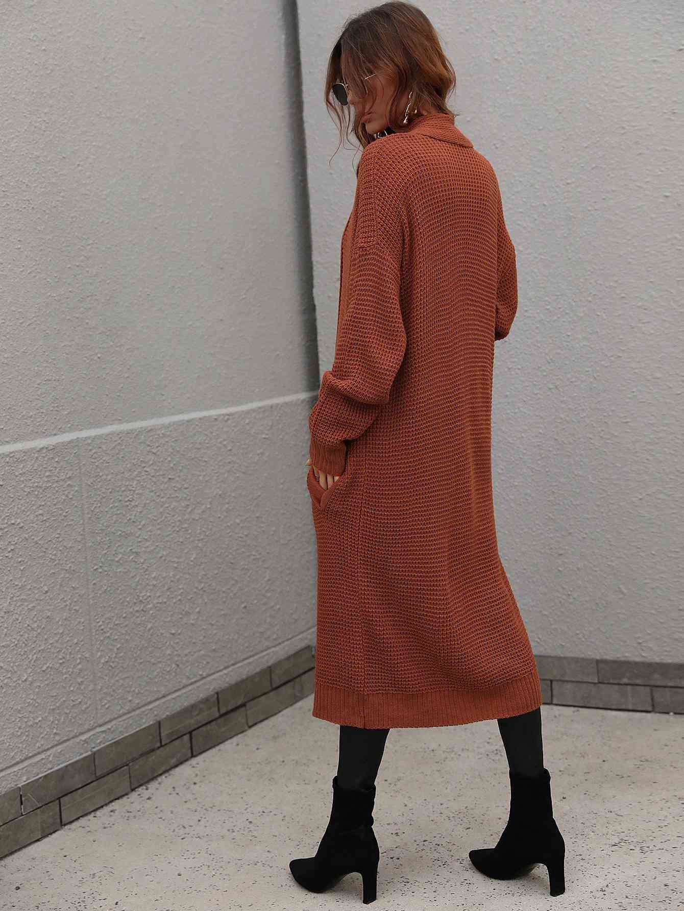  Waffle Knit  Duster Cardigan With Pockets Trendsi