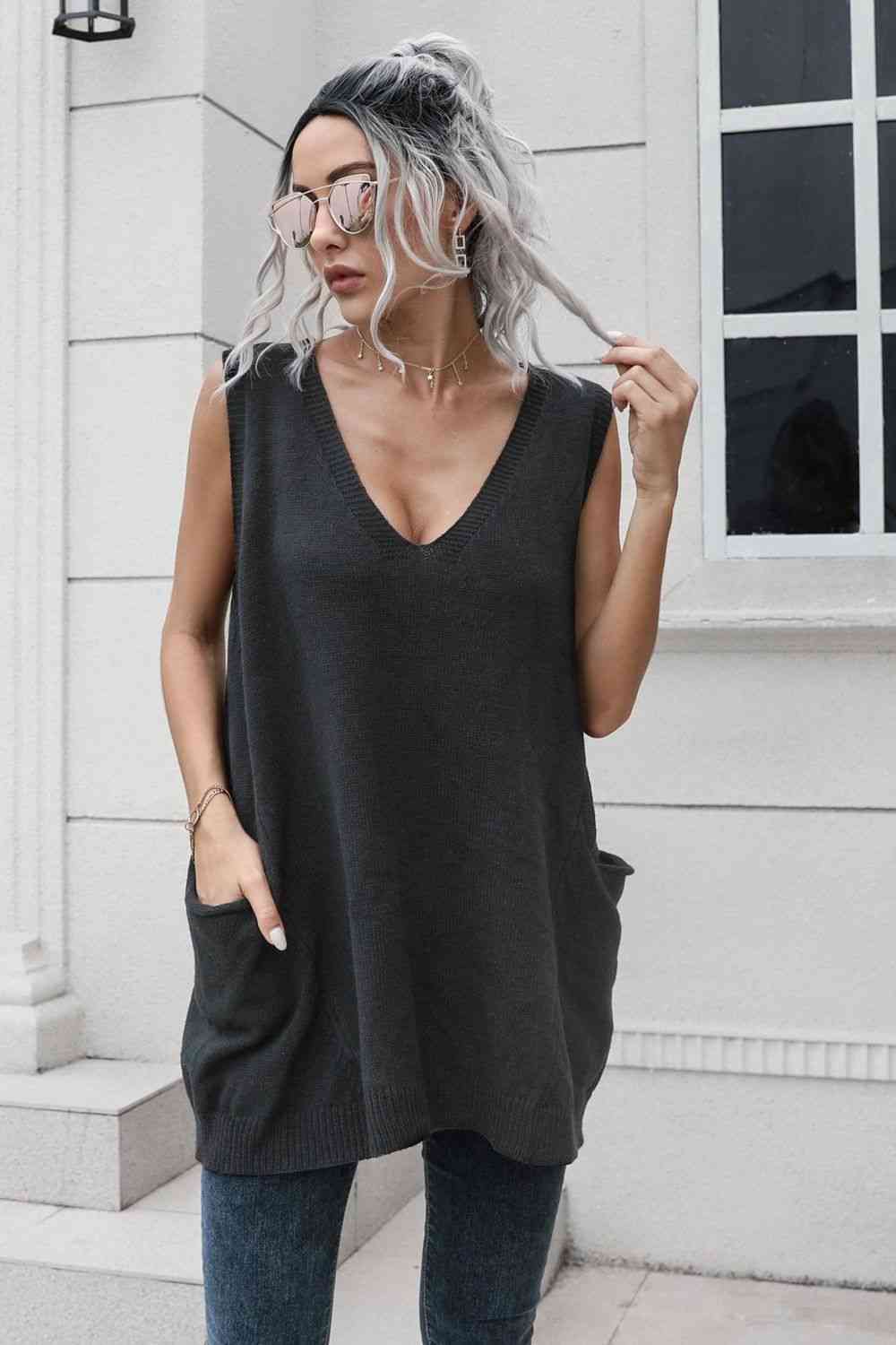 V-Neck Sleeveless Sweater Vest with Pocket Bazaarbey
