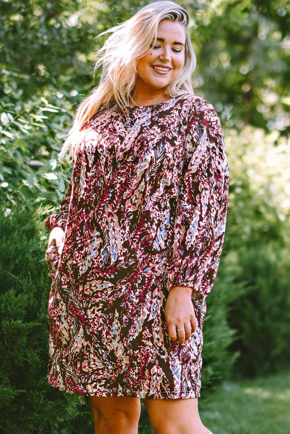 Plus Size Printed Round Neck Long Sleeve Mini Dress -BazaarBey - www.shopbazaarbey.com