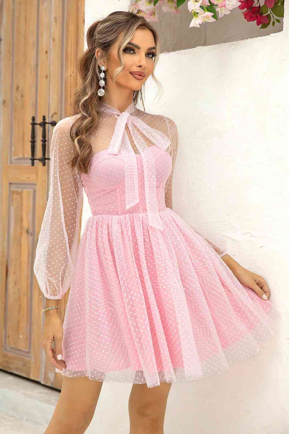 Tie Neck Open Back Mesh Dress -BazaarBey - www.shopbazaarbey.com