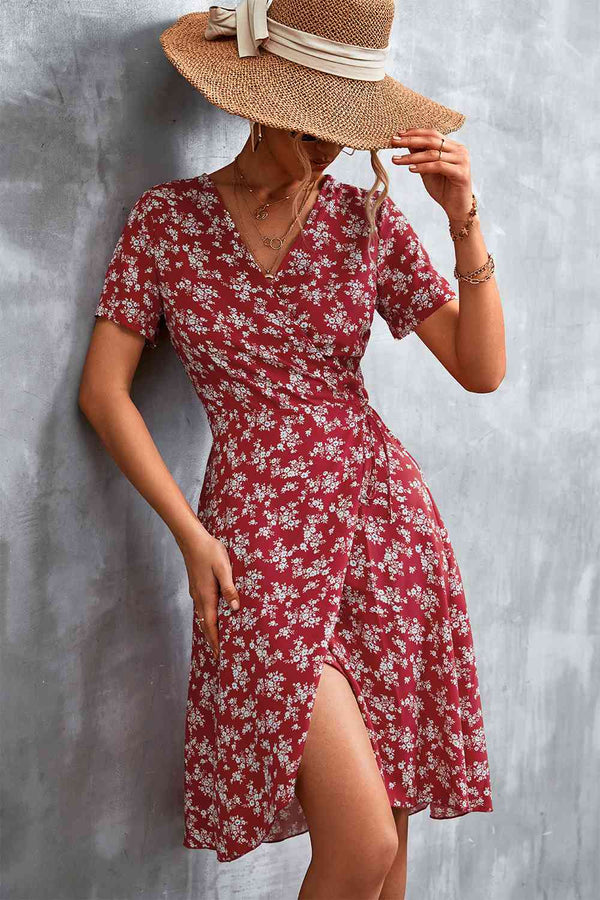 Floral  Neck Flutter Sleeve Dress -BazaarBey - www.shopbazaarbey.com