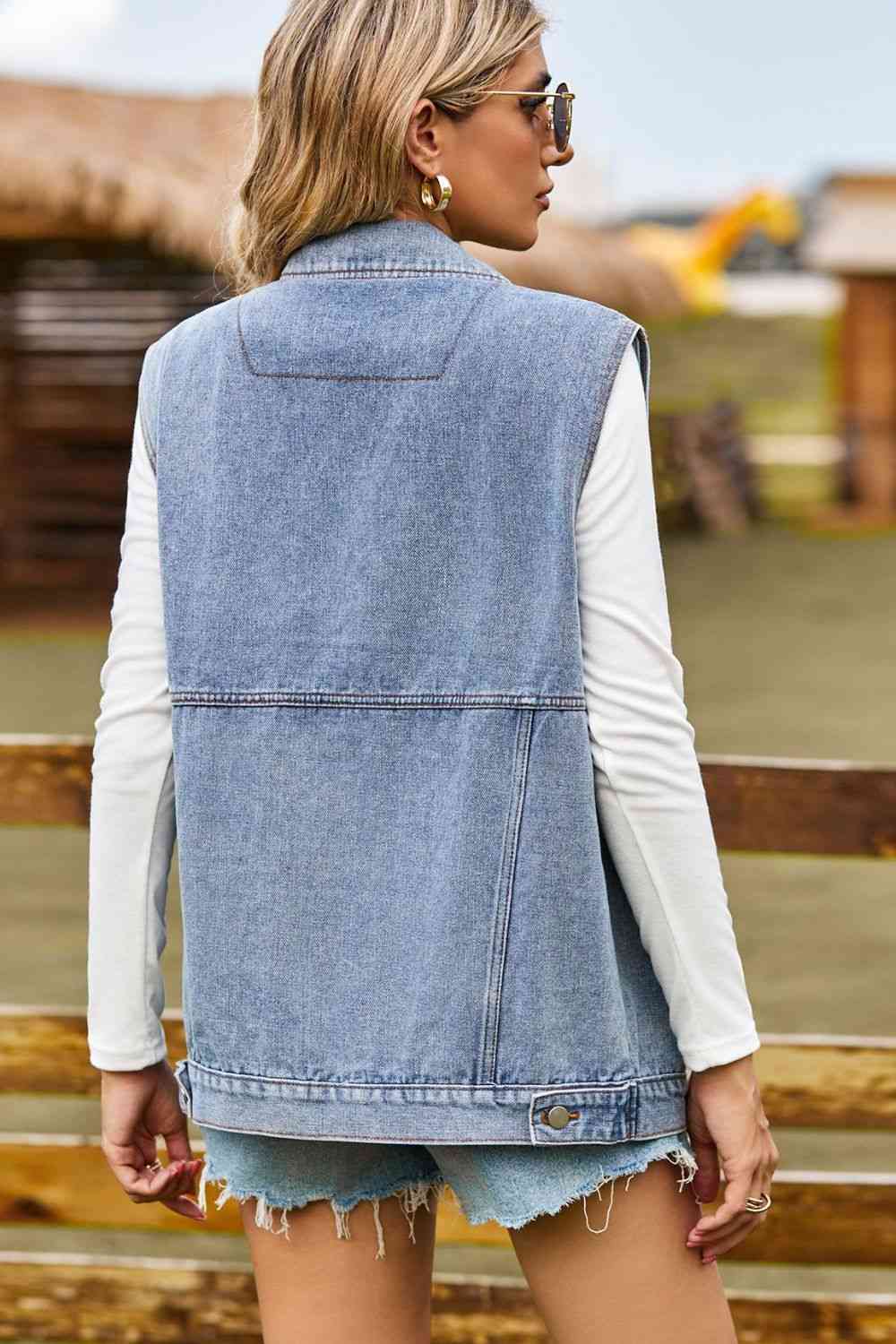 Sleeveless Collared Neck Denim Top with Pockets Bazaarbey