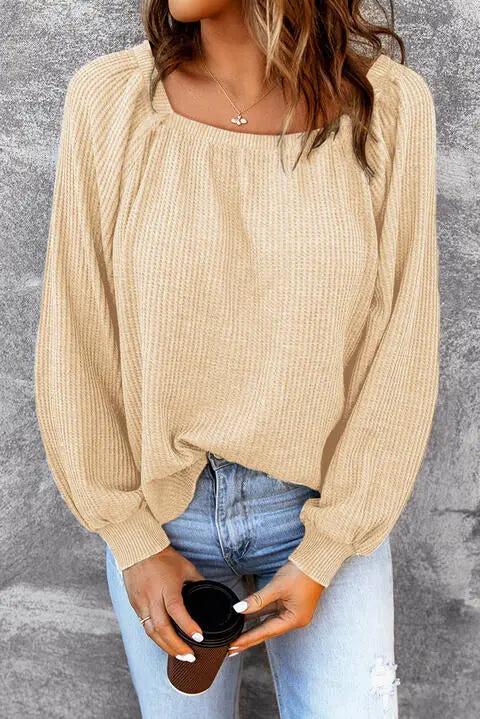 Square Neck Waffle-Knit Top Trendsi
