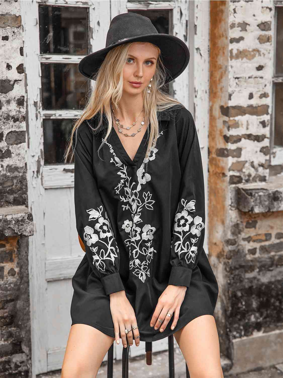 Floral Collared Neck Long Sleeve Dress -BazaarBey - www.shopbazaarbey.com