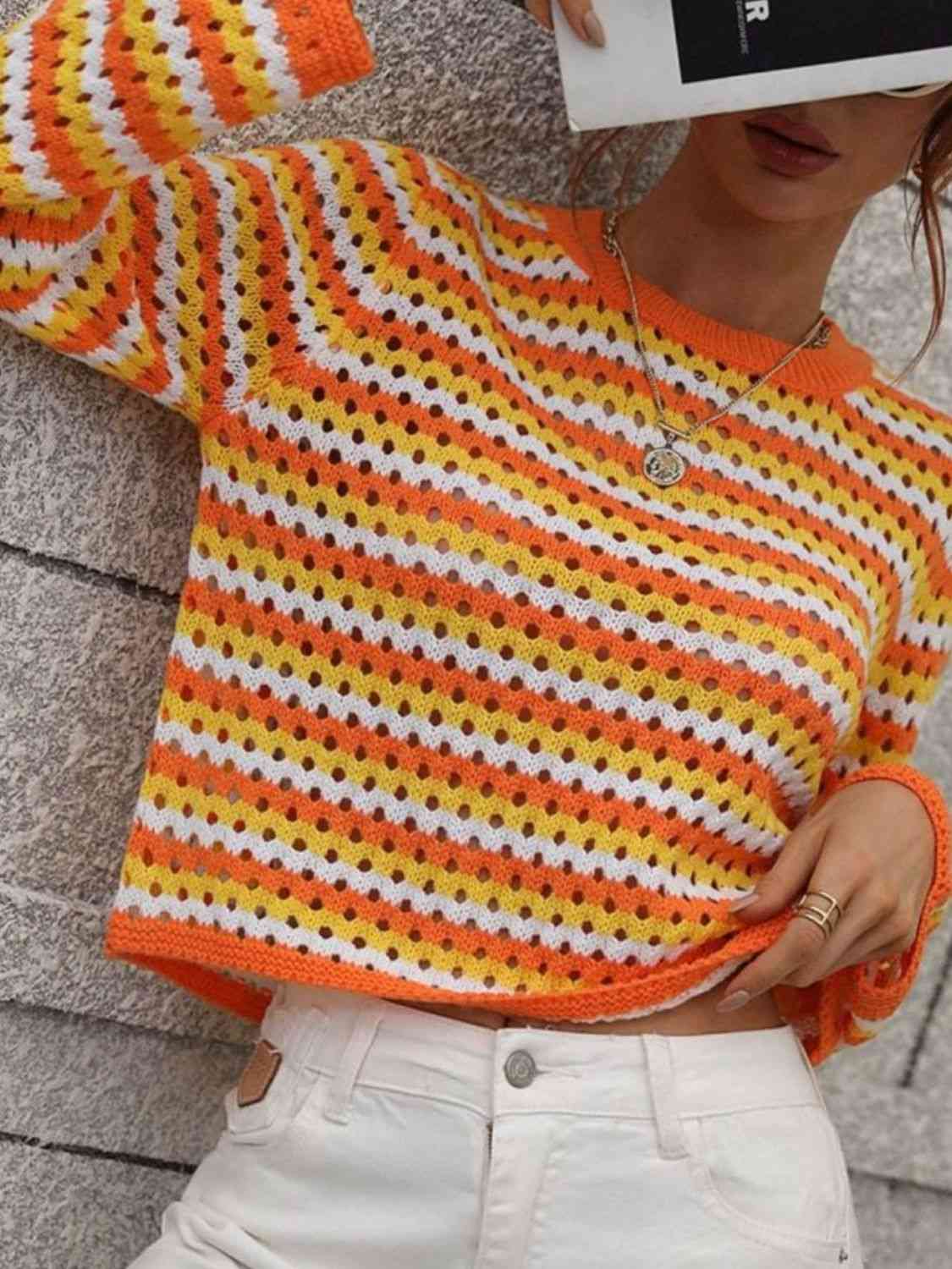 Striped  Long-Sleeve Knit Pullover Trendsi