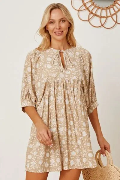 Floral Tie Neck Ruched Babydoll Dress -BazaarBey - www.shopbazaarbey.com