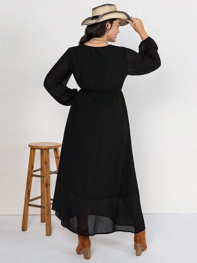 Plus Size Embroidered Tie Neck Long Sleeve Dress -BazaarBey - www.shopbazaarbey.com