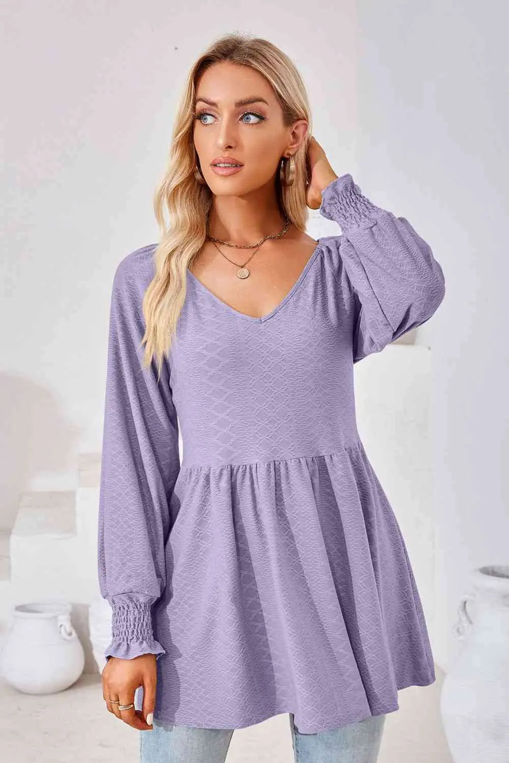 V-Neck Lantern Sleeve Blouse Bazaarbey